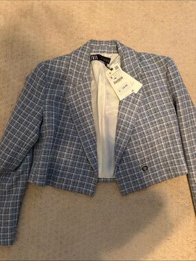 Zara Light Blue & White Plaid Cropped Blazer